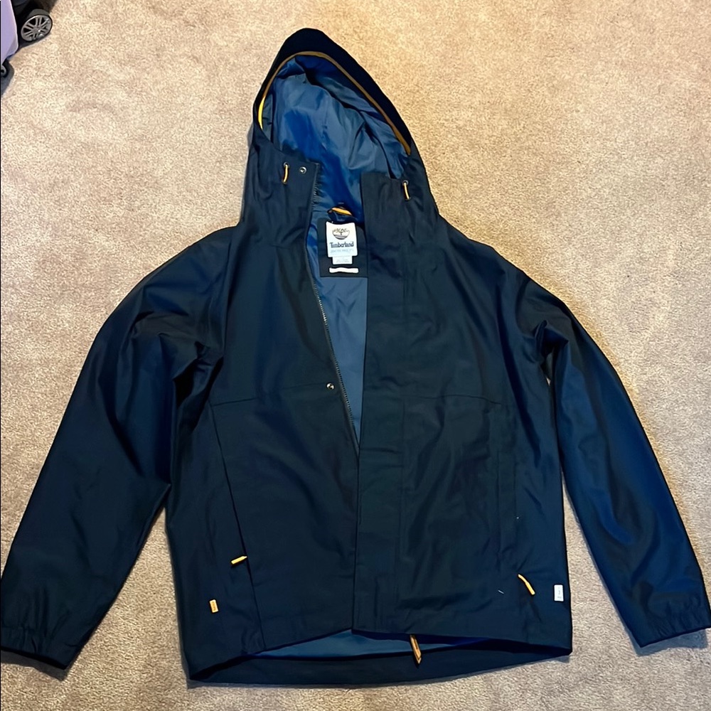 Timberland Waterproof Navy Hooded Jacket with Orange Accents